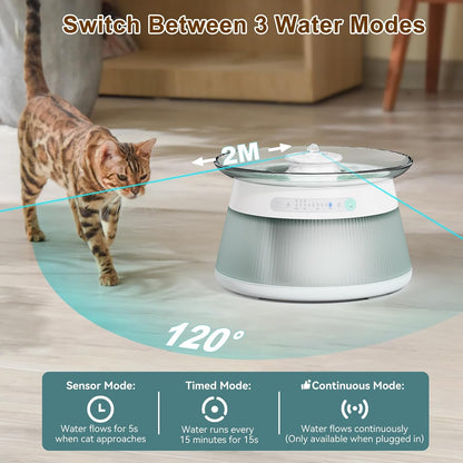 Glass Smart Pet Water Fountain,Cat Drinking Water Fountain Bowl No Filter,Battery Operated Filterless Pet Water Fountain