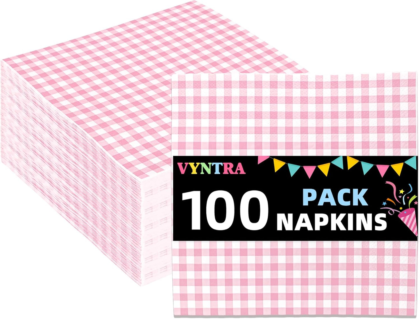 Vyntra 100 Count Gingham Disposable Paper Napkins, Checkered Party Napkins (Pink Gingham-100, 100 Pcs)