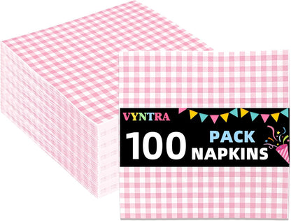 Vyntra 100 Count Gingham Disposable Paper Napkins, Checkered Party Napkins (Pink Gingham-100, 100 Pcs)