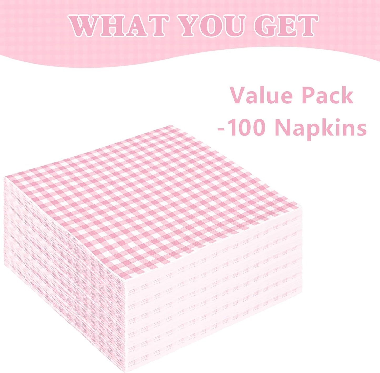 Vyntra 100 Count Gingham Disposable Paper Napkins, Checkered Party Napkins (Pink Gingham-100, 100 Pcs)