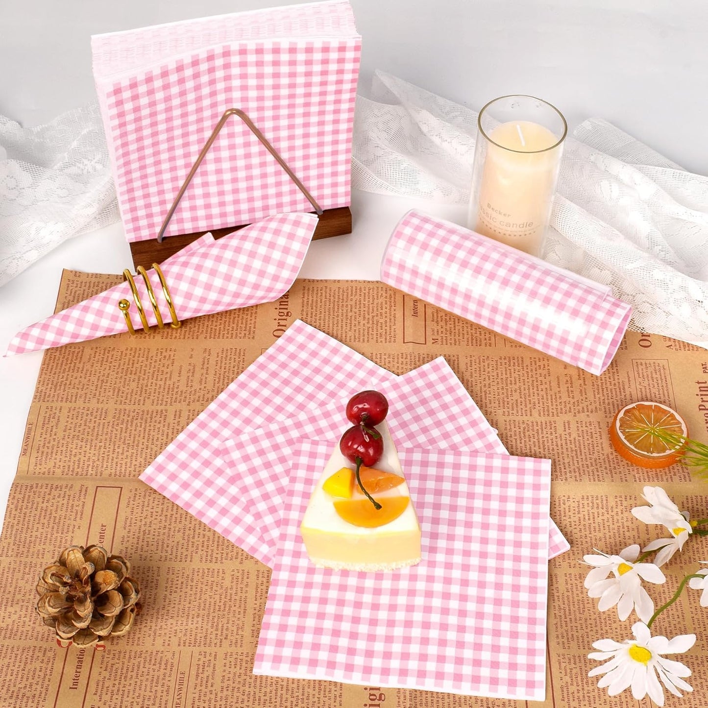 Vyntra 100 Count Gingham Disposable Paper Napkins, Checkered Party Napkins (Pink Gingham-100, 100 Pcs)
