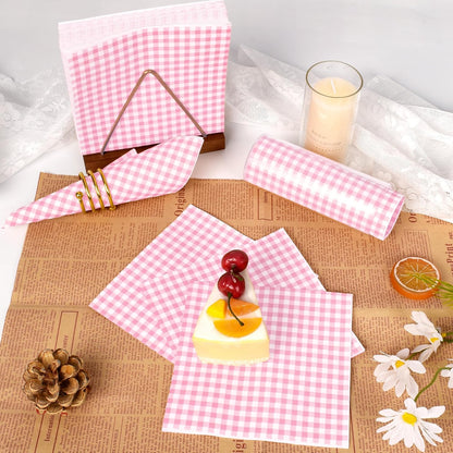 Vyntra 100 Count Gingham Disposable Paper Napkins, Checkered Party Napkins (Pink Gingham-100, 100 Pcs)