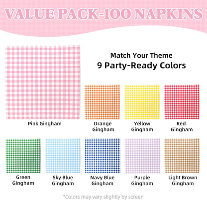 Vyntra 100 Count Gingham Disposable Paper Napkins, Checkered Party Napkins (Pink Gingham-100, 100 Pcs)