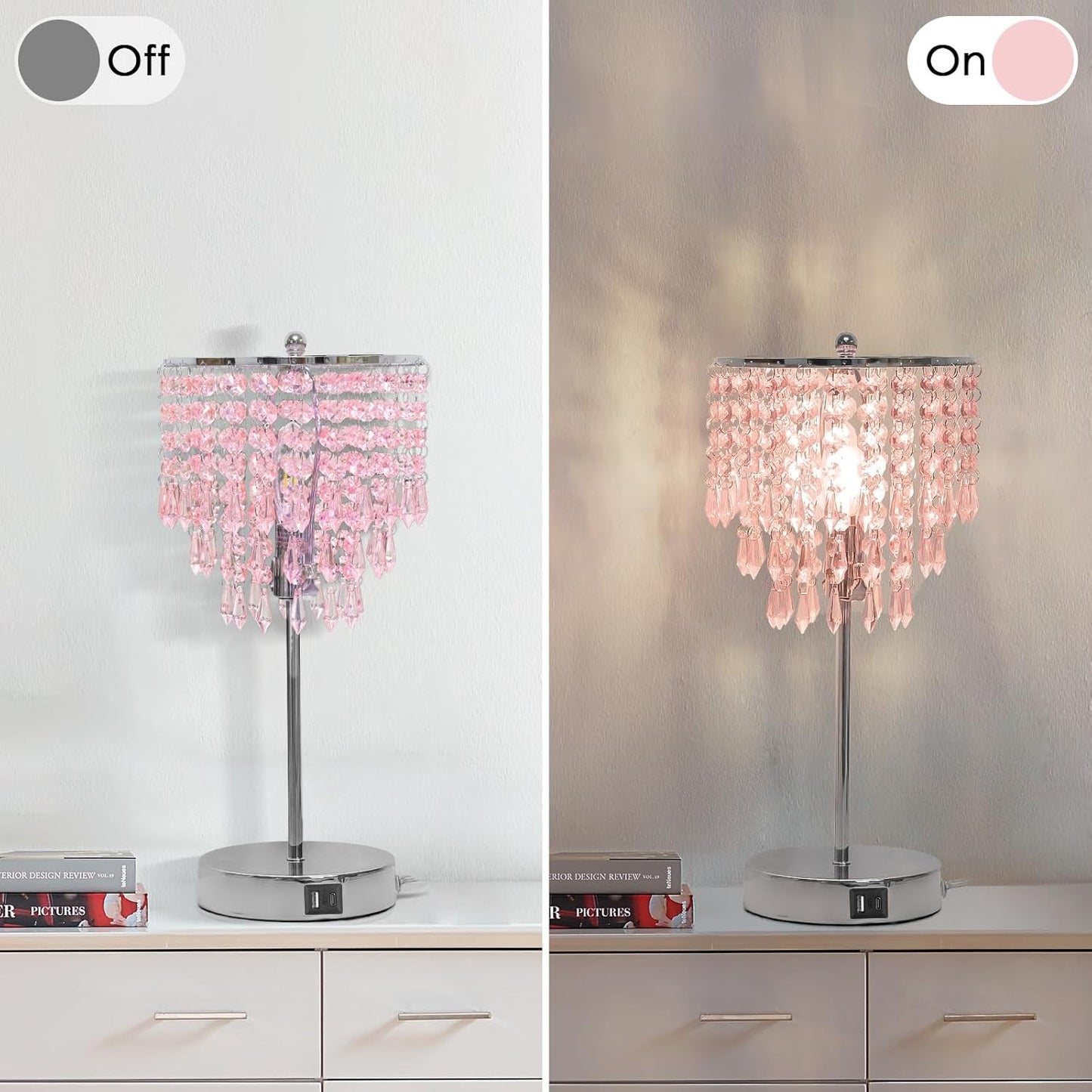 Crystal Touch Control Table Lamp with Dual USB Charging Ports, 3 Way Dimmable Bedside Lamp with Pink Shade, Decorative Nightstand Lamp for Girls Bedroom, Living Room, Office, B11 LED Bulb Included