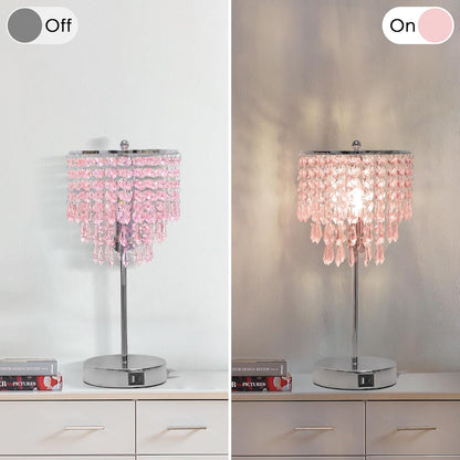 Crystal Touch Control Table Lamp with Dual USB Charging Ports, 3 Way Dimmable Bedside Lamp with Pink Shade, Decorative Nightstand Lamp for Girls Bedroom, Living Room, Office, B11 LED Bulb Included