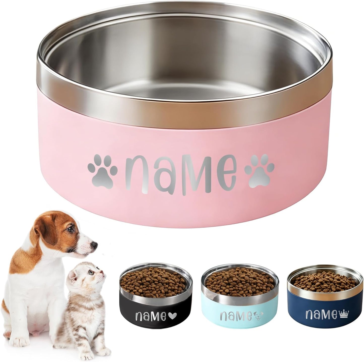 Personalized Dog Bowls with Name, Custom Stainless Steel Dog Bowl for Dogs Cats, Double Layer Heavy Duty Flip Proof Pet Food Water Bowls, Engraved Non Slip Metal Dog Dish, 25oz/53oz Pink