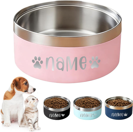 Personalized Dog Bowls with Name, Custom Stainless Steel Dog Bowl for Dogs Cats, Double Layer Heavy Duty Flip Proof Pet Food Water Bowls, Engraved Non Slip Metal Dog Dish, 25oz/53oz Pink