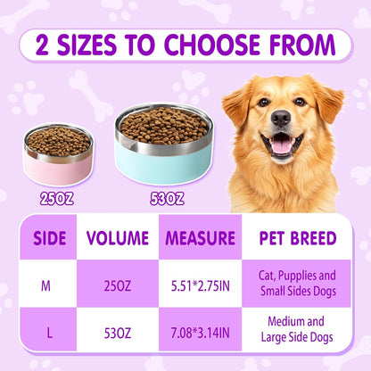 Personalized Dog Bowls with Name, Custom Stainless Steel Dog Bowl for Dogs Cats, Double Layer Heavy Duty Flip Proof Pet Food Water Bowls, Engraved Non Slip Metal Dog Dish, 25oz/53oz Pink