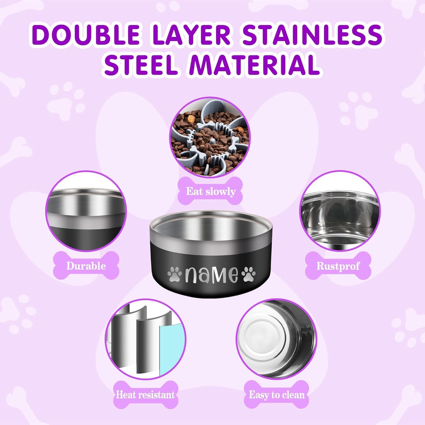 Personalized Dog Bowls with Name, Custom Stainless Steel Dog Bowl for Dogs Cats, Double Layer Heavy Duty Flip Proof Pet Food Water Bowls, Engraved Non Slip Metal Dog Dish, 25oz/53oz Pink