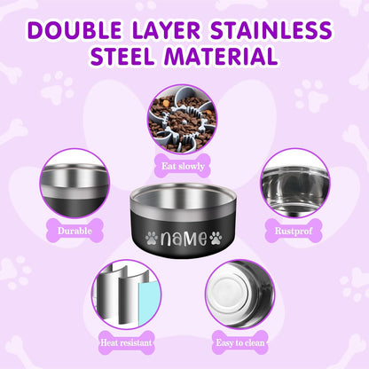 Personalized Dog Bowls with Name, Custom Stainless Steel Dog Bowl for Dogs Cats, Double Layer Heavy Duty Flip Proof Pet Food Water Bowls, Engraved Non Slip Metal Dog Dish, 25oz/53oz Pink