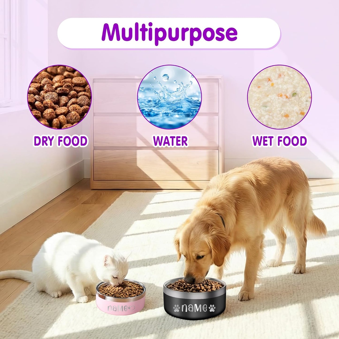 Personalized Dog Bowls with Name, Custom Stainless Steel Dog Bowl for Dogs Cats, Double Layer Heavy Duty Flip Proof Pet Food Water Bowls, Engraved Non Slip Metal Dog Dish, 25oz/53oz Pink