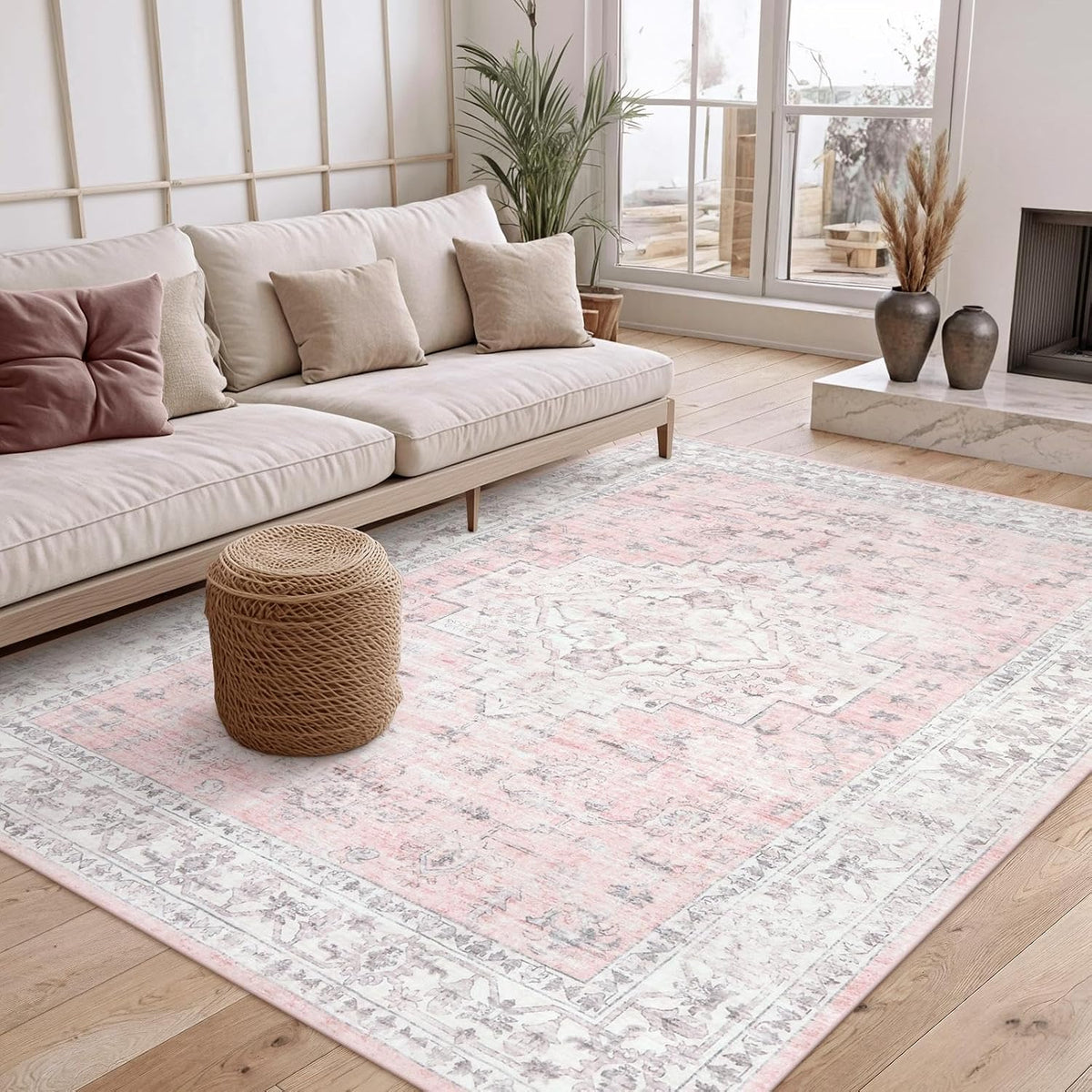 Pink 5x7 Area Rug for Bedroom Girls, Boho Washable Rugs for Living Room Nursery, Non-Slip Indoor Soft Carpet Low-Pile Farmhouse Carpets for Dining Room Kids Playroom, Pink