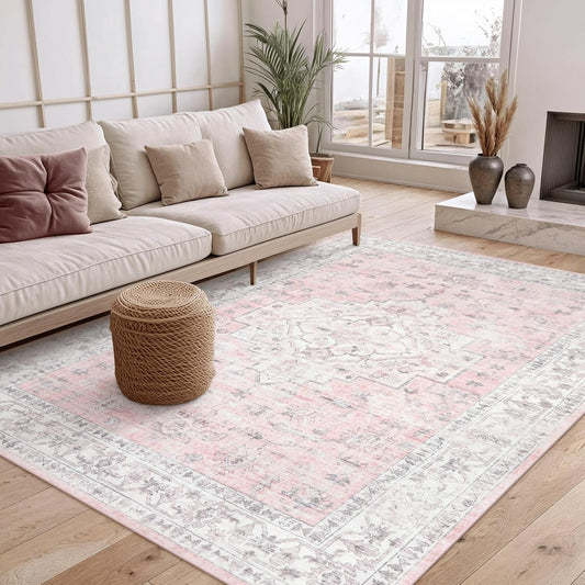 Pink 5x7 Area Rug for Bedroom Girls, Boho Washable Rugs for Living Room Nursery, Non-Slip Indoor Soft Carpet Low-Pile Farmhouse Carpets for Dining Room Kids Playroom, Pink