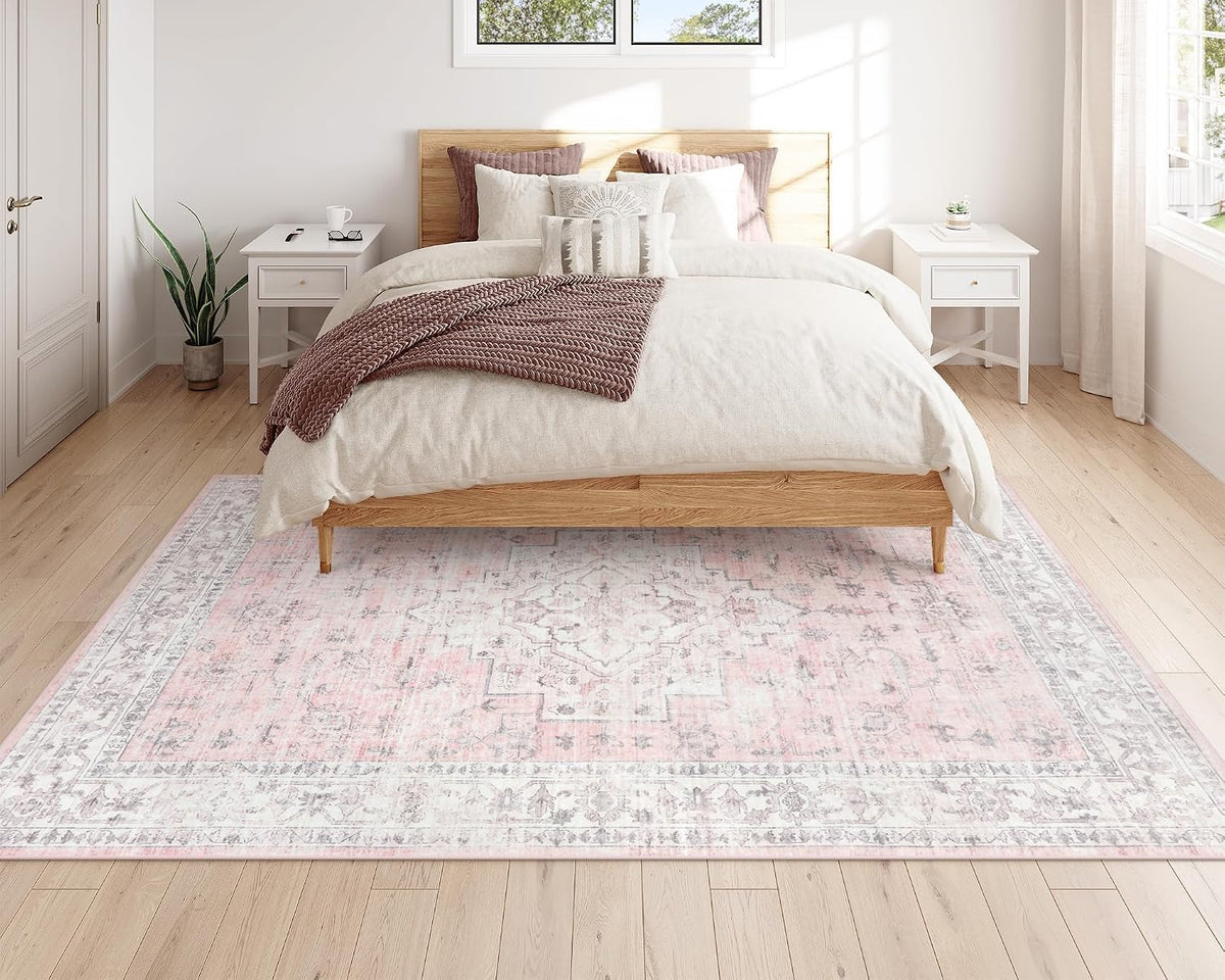 Pink 5x7 Area Rug for Bedroom Girls, Boho Washable Rugs for Living Room Nursery, Non-Slip Indoor Soft Carpet Low-Pile Farmhouse Carpets for Dining Room Kids Playroom, Pink