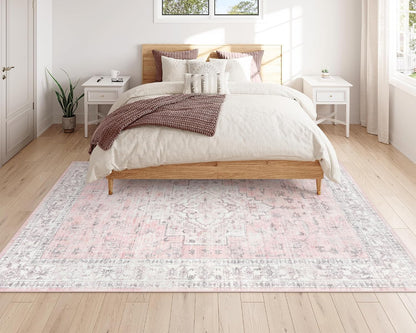 Pink 5x7 Area Rug for Bedroom Girls, Boho Washable Rugs for Living Room Nursery, Non-Slip Indoor Soft Carpet Low-Pile Farmhouse Carpets for Dining Room Kids Playroom, Pink