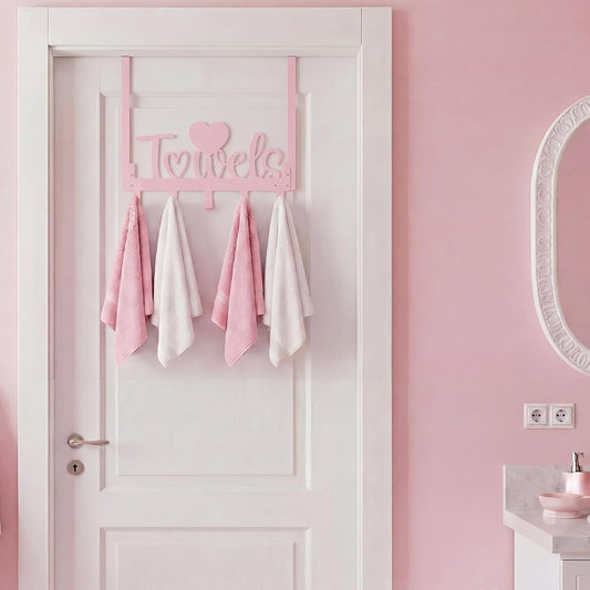 Pink Heart Over Door Towel Rack 5 Hooks