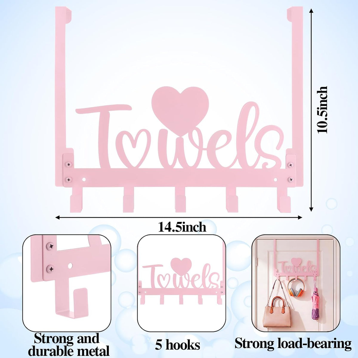 Pink Heart Over Door Towel Rack 5 Hooks