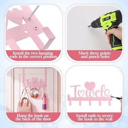 Pink Heart Over Door Towel Rack 5 Hooks