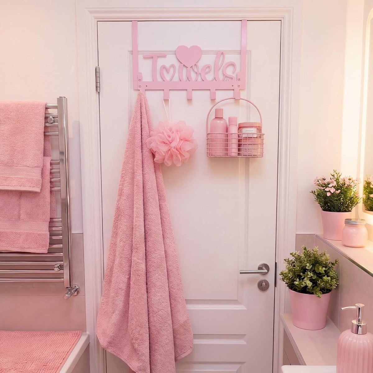 Pink Heart Over Door Towel Rack 5 Hooks