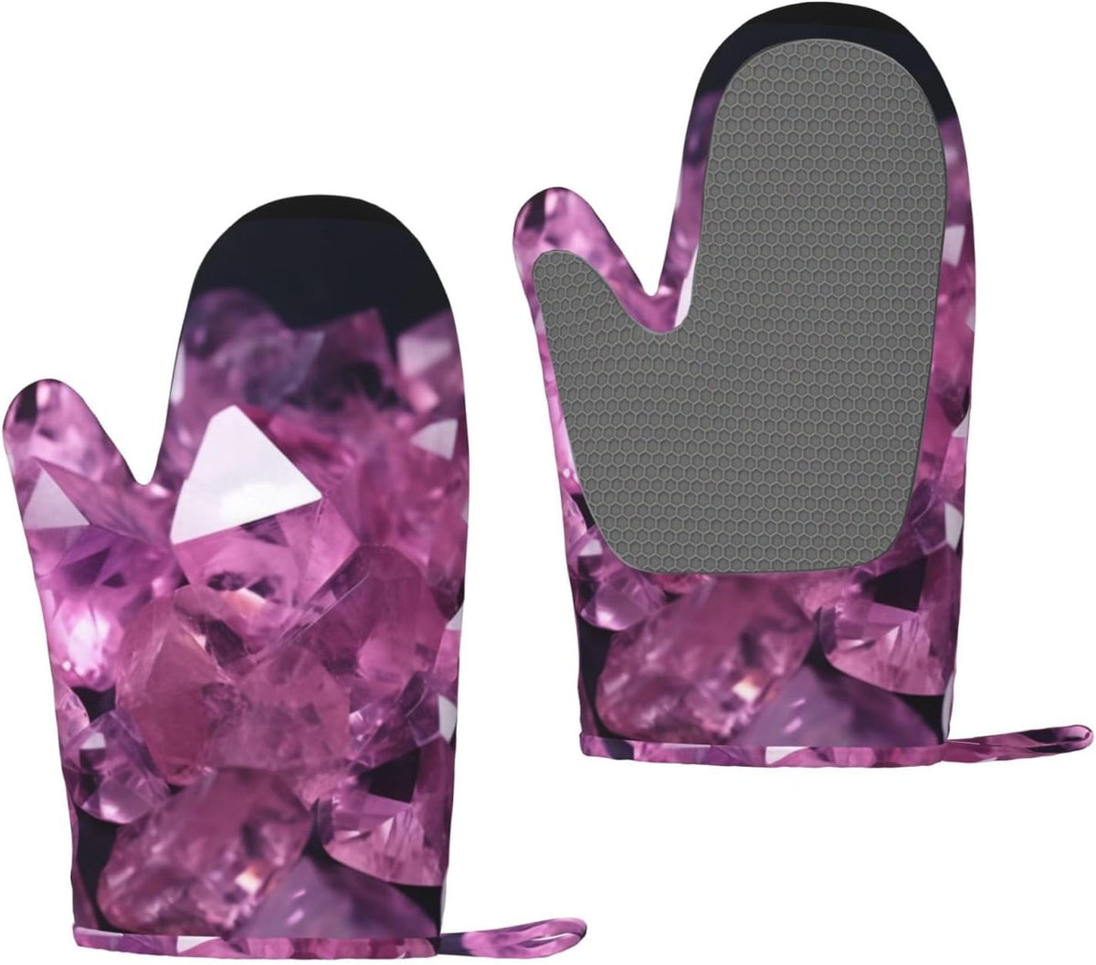 Pink Crystal Diamond Print Oven Mitts Set of 2, Heat Resistant Silicone Oven Mittens Gloves with Hang Loop for Cooking Baking Grilling BBQ Kitchen Accessories