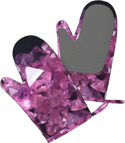 Pink Crystal Diamond Print Oven Mitts Set of 2, Heat Resistant Silicone Oven Mittens Gloves with Hang Loop for Cooking Baking Grilling BBQ Kitchen Accessories