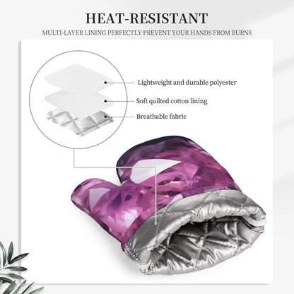 Pink Crystal Diamond Print Oven Mitts Set of 2, Heat Resistant Silicone Oven Mittens Gloves with Hang Loop for Cooking Baking Grilling BBQ Kitchen Accessories