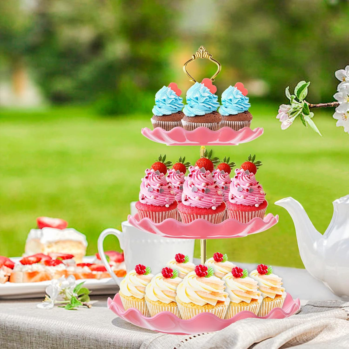 3 Tier Cupcake Stand Holder, Plastic Cup Cake Tower Stand, Pink