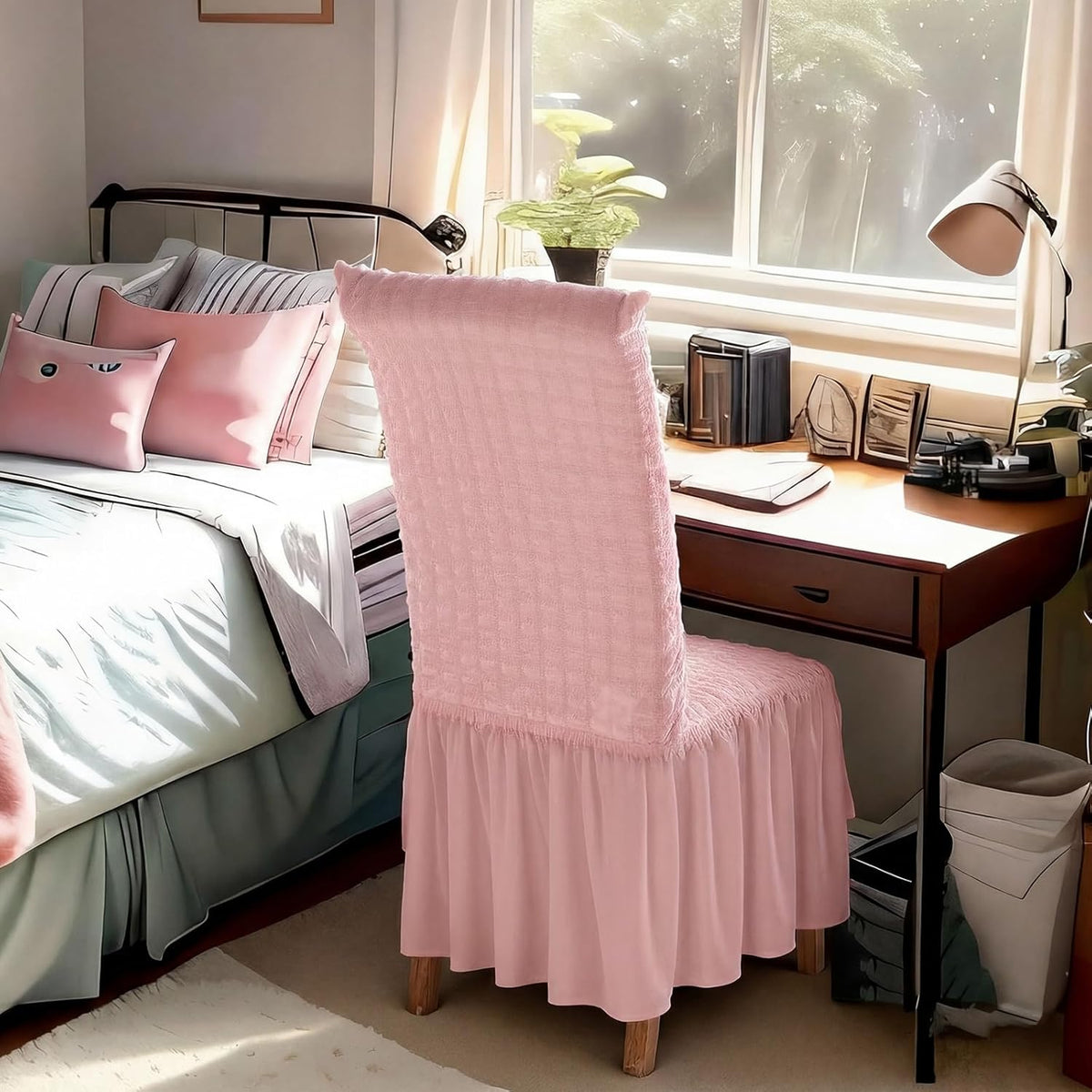 1 Pcs Stretch Chair Cover with Skirt for Dorm Dining,Pink