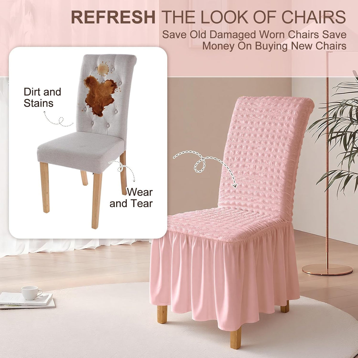 1 Pcs Stretch Chair Cover with Skirt for Dorm Dining,Pink