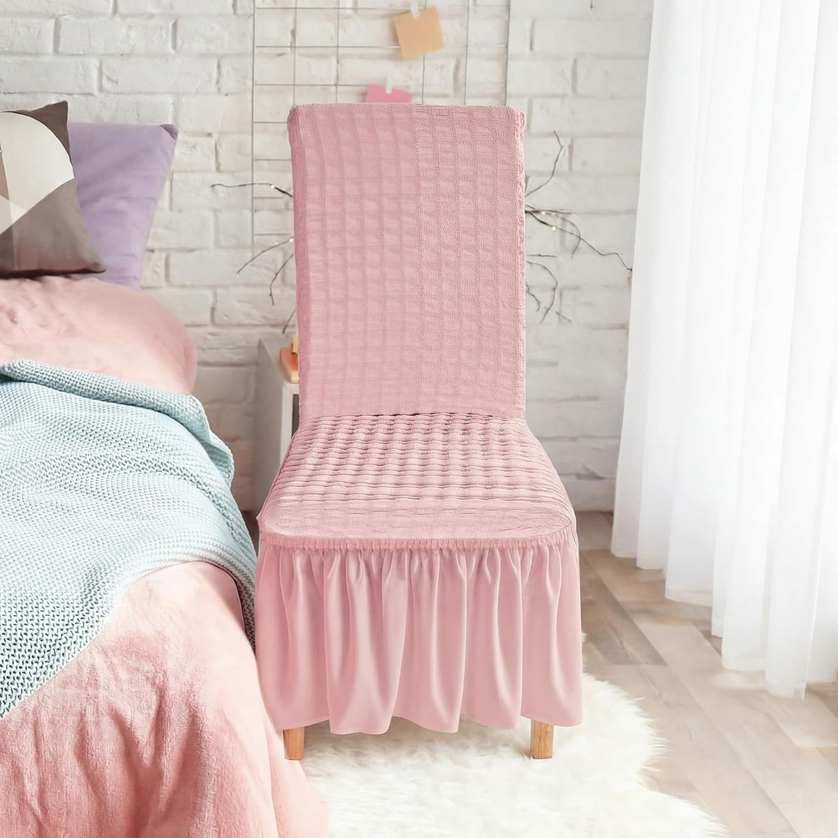 1 Pcs Stretch Chair Cover with Skirt for Dorm Dining,Pink