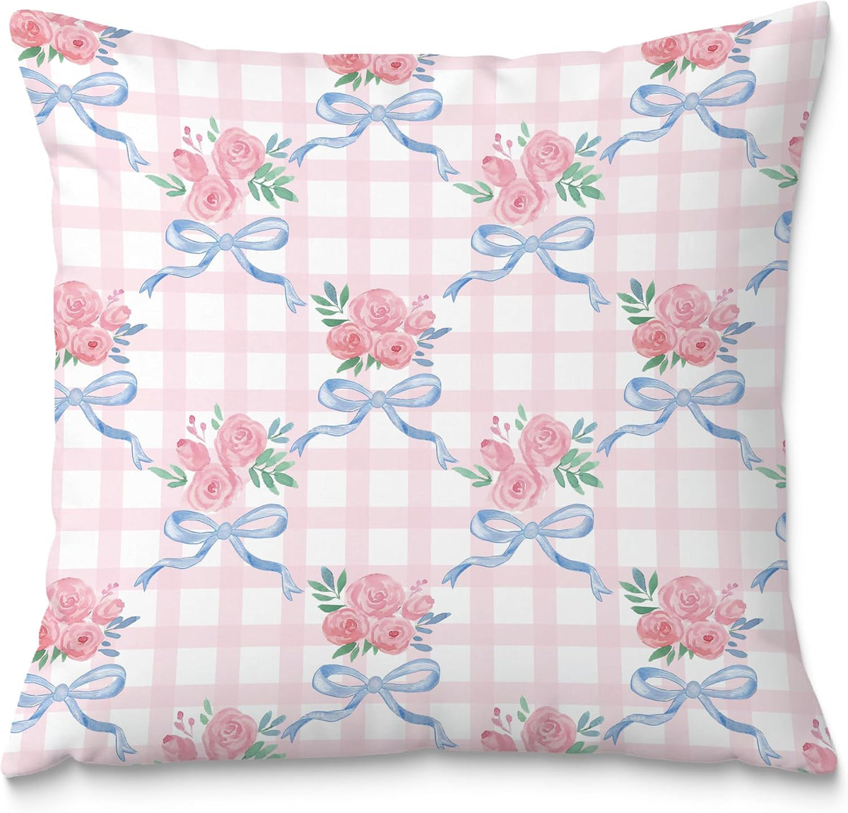 Coquette Blue & Pink Rose Floral Bow Pillow Covers - 18x18, Girly Bedroom Decor, Preppy Room Decor, Coquette Stuff