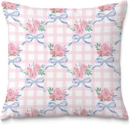 Coquette Blue & Pink Rose Floral Bow Pillow Covers - 18x18, Girly Bedroom Decor, Preppy Room Decor, Coquette Stuff