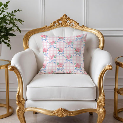 Coquette Blue & Pink Rose Floral Bow Pillow Covers - 18x18, Girly Bedroom Decor, Preppy Room Decor, Coquette Stuff