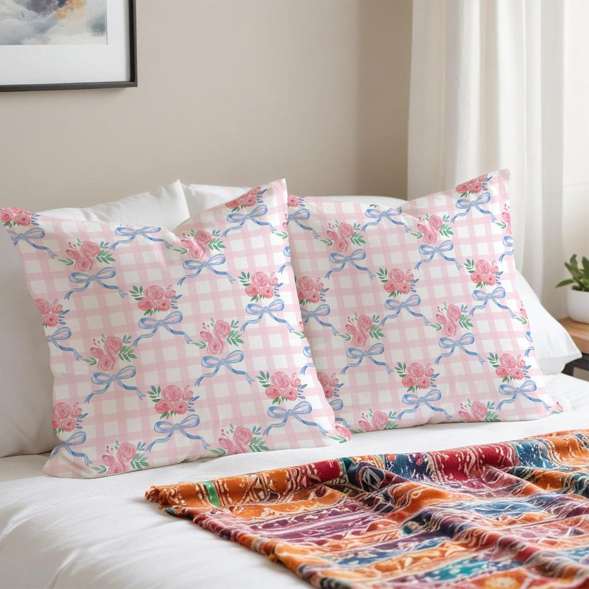 Coquette Blue & Pink Rose Floral Bow Pillow Covers - 18x18, Girly Bedroom Decor, Preppy Room Decor, Coquette Stuff