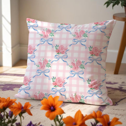Coquette Blue & Pink Rose Floral Bow Pillow Covers - 18x18, Girly Bedroom Decor, Preppy Room Decor, Coquette Stuff