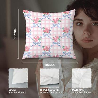 Coquette Blue & Pink Rose Floral Bow Pillow Covers - 18x18, Girly Bedroom Decor, Preppy Room Decor, Coquette Stuff