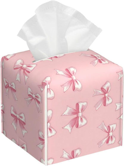 Ribbon Bow Pink Print Tissue Box Cover Holder Cube, Foldable Leather Tissue Box Cover Square, Modern Decorative Organizer for Tabletop Bathroom Car Office Desk Decor