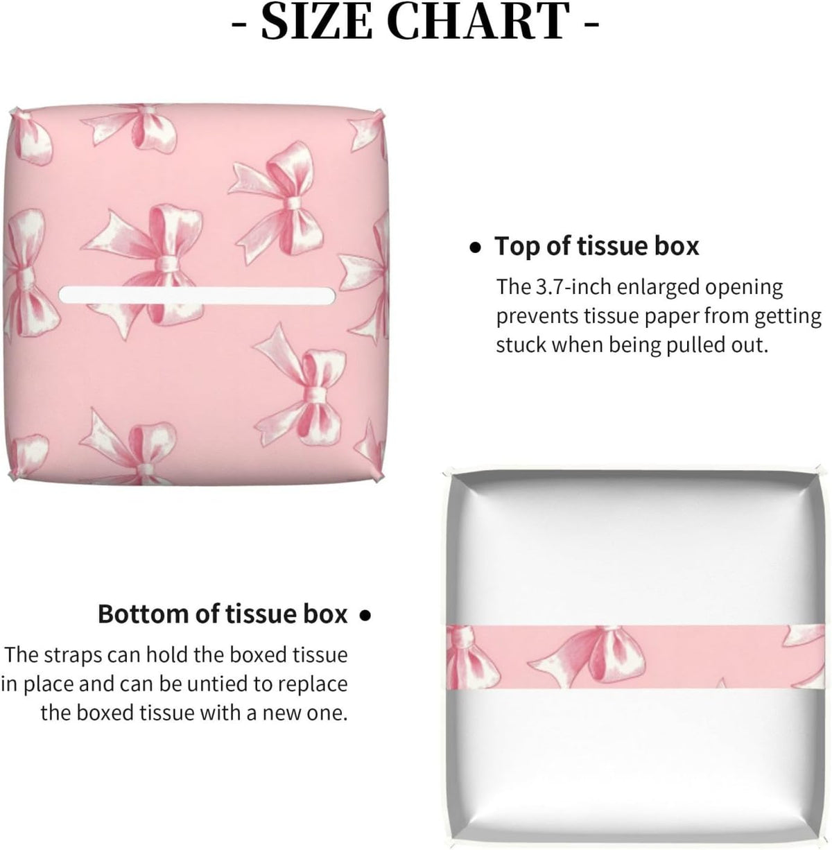 Ribbon Bow Pink Print Tissue Box Cover Holder Cube, Foldable Leather Tissue Box Cover Square, Modern Decorative Organizer for Tabletop Bathroom Car Office Desk Decor