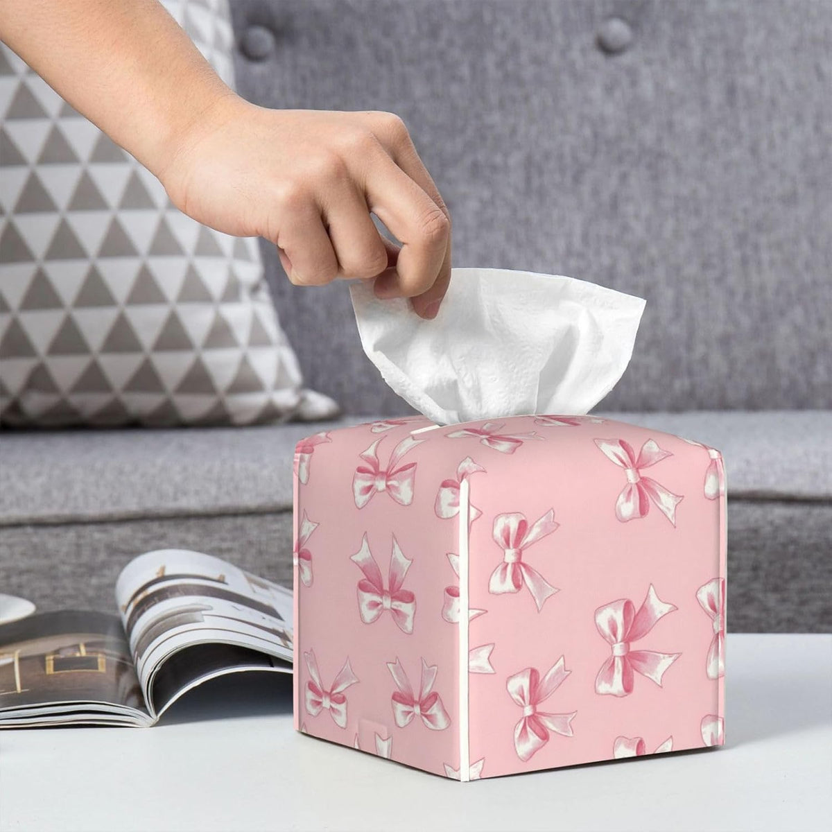 Ribbon Bow Pink Print Tissue Box Cover Holder Cube, Foldable Leather Tissue Box Cover Square, Modern Decorative Organizer for Tabletop Bathroom Car Office Desk Decor