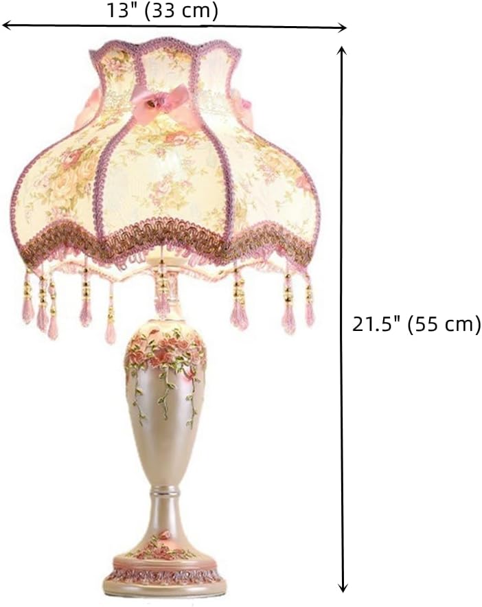 Victorian Vintage Table Lamp with Beaded Fringe and Floral Design, Brown Fabric Shade, Elegant Nightstand Lighting (Pink)