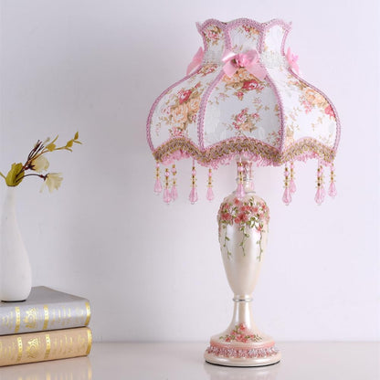 Victorian Vintage Table Lamp with Beaded Fringe and Floral Design, Brown Fabric Shade, Elegant Nightstand Lighting (Pink)