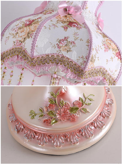 Victorian Vintage Table Lamp with Beaded Fringe and Floral Design, Brown Fabric Shade, Elegant Nightstand Lighting (Pink)