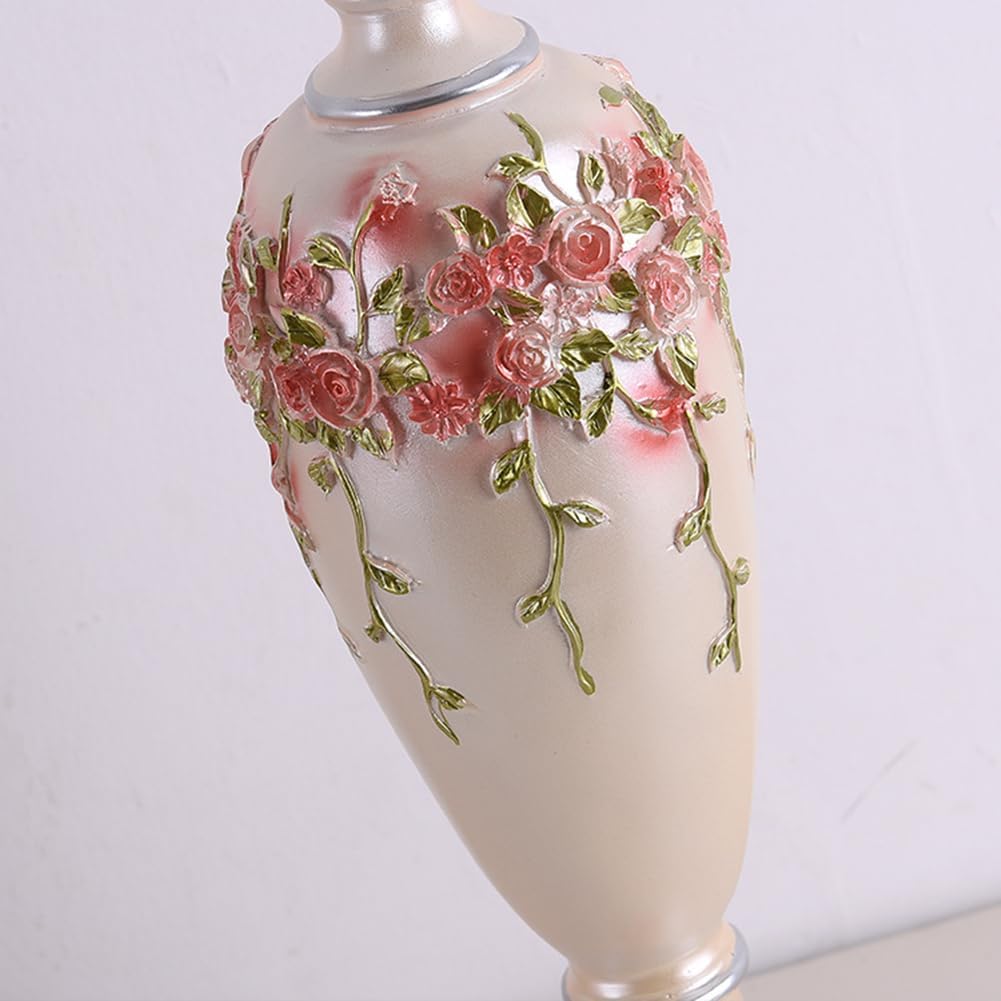 Victorian Vintage Table Lamp with Beaded Fringe and Floral Design, Brown Fabric Shade, Elegant Nightstand Lighting (Pink)