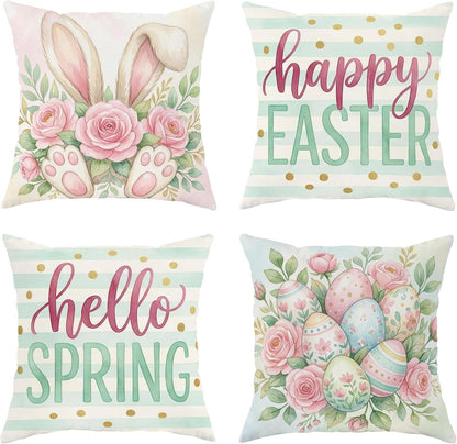 Bunny Throw Pillow Covers Set of 4, Spring Festive Roses Easter Eggs Easter Pastel Peach with Hidden Zipper Square Pillow Cases for Living Room Bed Office Sofa Chair Decor 26x26 Inch