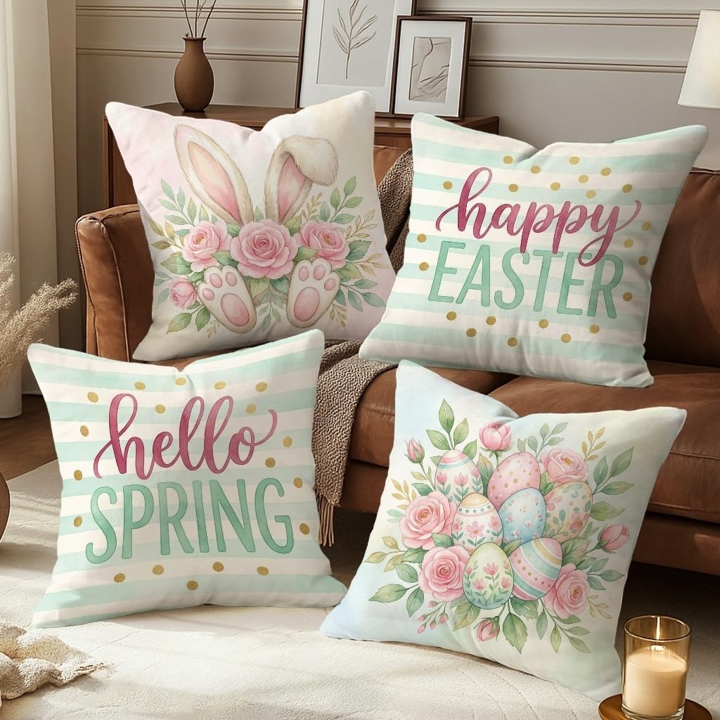 Bunny Throw Pillow Covers Set of 4, Spring Festive Roses Easter Eggs Easter Pastel Peach with Hidden Zipper Square Pillow Cases for Living Room Bed Office Sofa Chair Decor 26x26 Inch