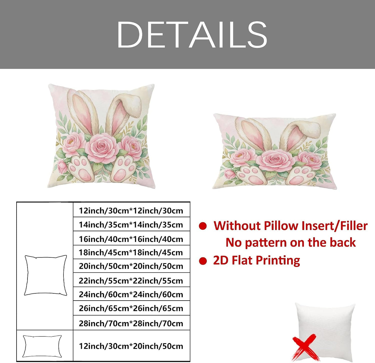 Bunny Throw Pillow Covers Set of 4, Spring Festive Roses Easter Eggs Easter Pastel Peach with Hidden Zipper Square Pillow Cases for Living Room Bed Office Sofa Chair Decor 26x26 Inch