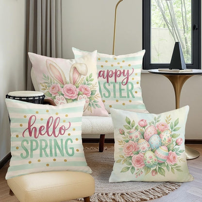 Bunny Throw Pillow Covers Set of 4, Spring Festive Roses Easter Eggs Easter Pastel Peach with Hidden Zipper Square Pillow Cases for Living Room Bed Office Sofa Chair Decor 26x26 Inch