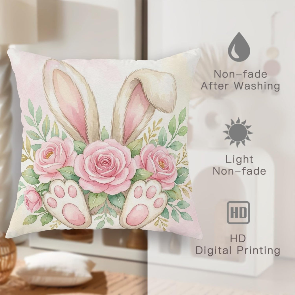 Bunny Throw Pillow Covers Set of 4, Spring Festive Roses Easter Eggs Easter Pastel Peach with Hidden Zipper Square Pillow Cases for Living Room Bed Office Sofa Chair Decor 26x26 Inch