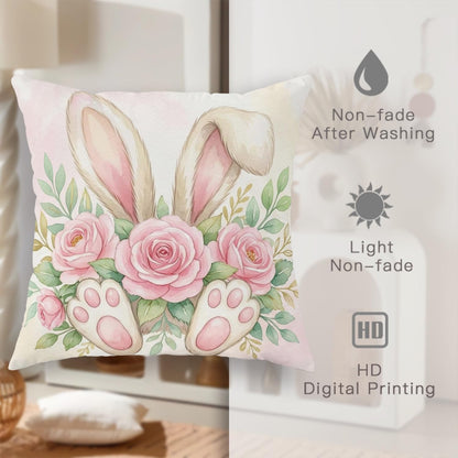Bunny Throw Pillow Covers Set of 4, Spring Festive Roses Easter Eggs Easter Pastel Peach with Hidden Zipper Square Pillow Cases for Living Room Bed Office Sofa Chair Decor 26x26 Inch