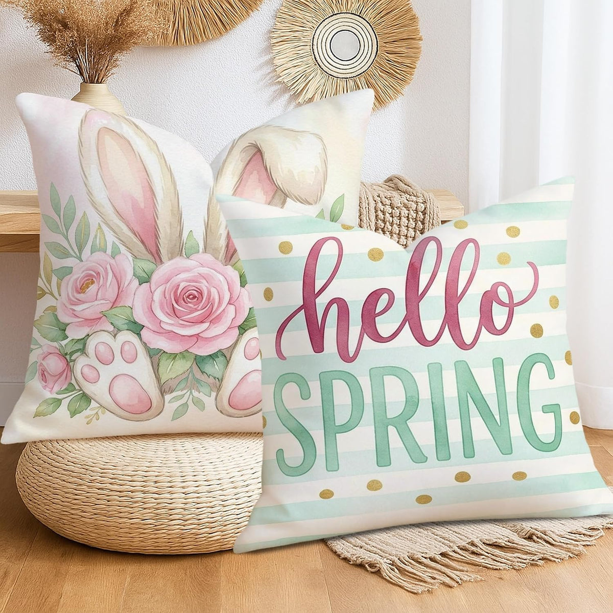 Bunny Throw Pillow Covers Set of 4, Spring Festive Roses Easter Eggs Easter Pastel Peach with Hidden Zipper Square Pillow Cases for Living Room Bed Office Sofa Chair Decor 26x26 Inch
